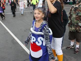 A student in a pepsi cup costume